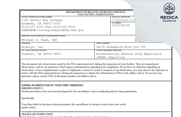 FDA 483 - Ardelyx, Inc. [Fremont / United States of America] - Download PDF - Redica Systems