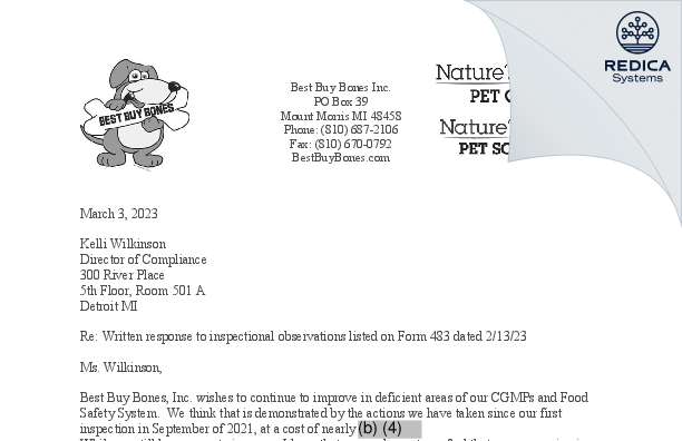 FDA 483 Response - Best Buy Bones Inc. [Mount Morris / United States of America] - Download PDF - Redica Systems