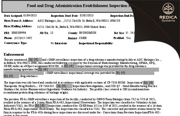 EIR - AGC Biologics, Inc. [Bothell / United States of America] - Download PDF - Redica Systems