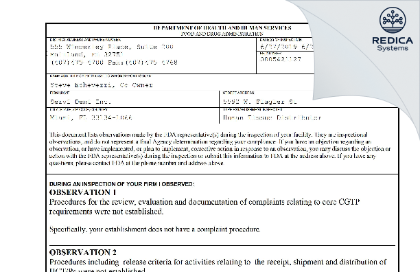 FDA 483 - Servi-Dent Inc. [Coral Gables / United States of America] - Download PDF - Redica Systems