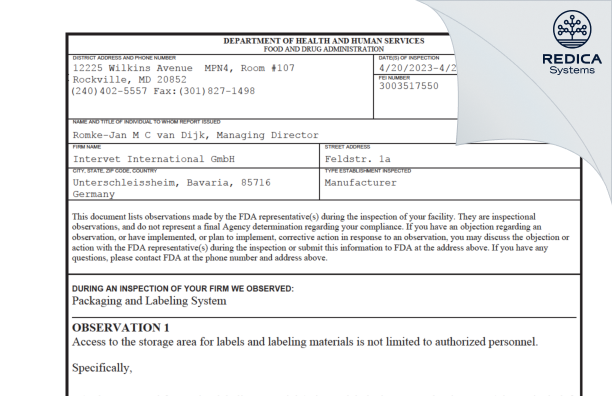 FDA 483 - Intervet International GMBH [Unterscheissheim / Germany] - Download PDF - Redica Systems