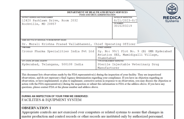 FDA 483 - CRONUS PHARMA SPECIALITIES INDIA PRIVATE LIMITED [India / India] - Download PDF - Redica Systems
