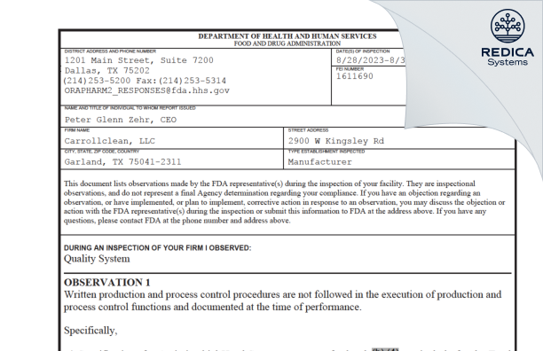 FDA 483 - Carrollclean, LLC [Garland / United States of America] - Download PDF - Redica Systems