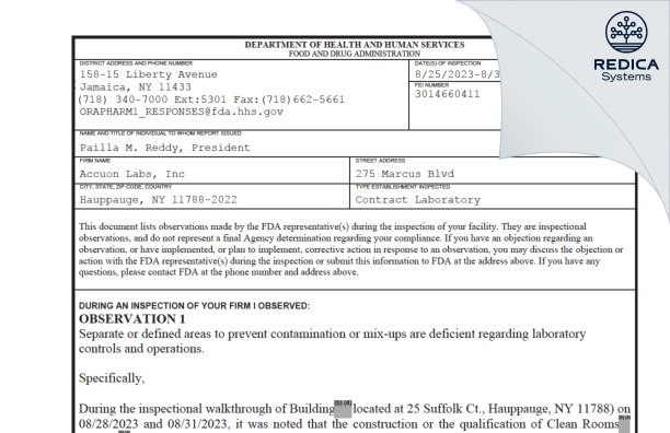 FDA 483 - Accuon Labs Inc. [Hauppauge New York / United States of America] - Download PDF - Redica Systems