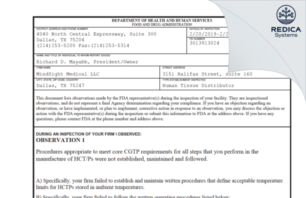 FDA 483 - MindSight Medical LLC [Dallas / United States of America] - Download PDF - Redica Systems