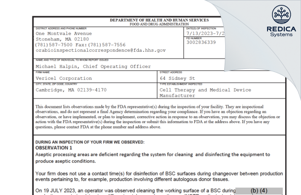 FDA 483 - Vericel Corporation [Cambridge / United States of America] - Download PDF - Redica Systems