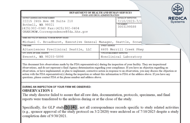 FDA 483 - Altasciences Preclinical Seattle, LLC [Everett / United States of America] - Download PDF - Redica Systems