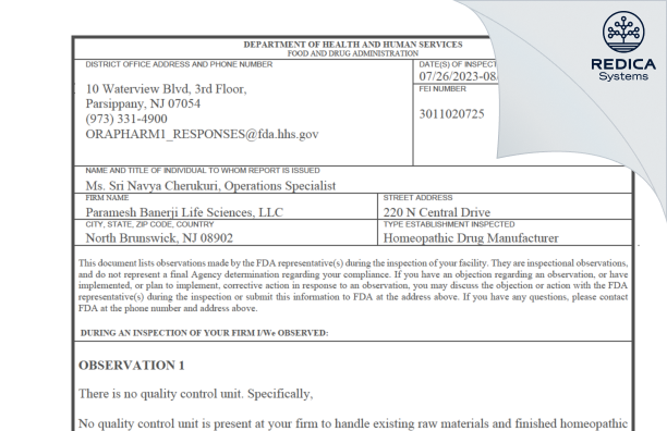 FDA 483 - Paramesh Banerji Life Sciences LLC [Jersey / United States of America] - Download PDF - Redica Systems