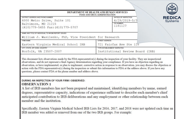 FDA 483 - Eastern Virginia Medical School IRB [Norfolk / United States of America] - Download PDF - Redica Systems