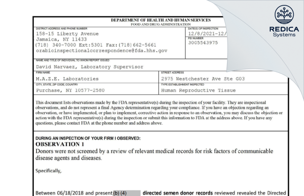 FDA 483 - M.A.Z.E. Laboratories [Purchase / United States of America] - Download PDF - Redica Systems