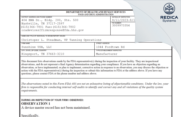 FDA 483 - Sunshine USA, LLC [Kingsport / United States of America] - Download PDF - Redica Systems