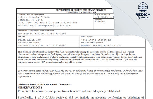 FDA 483 - Welch Allyn Inc [Skaneateles Falls / United States of America] - Download PDF - Redica Systems