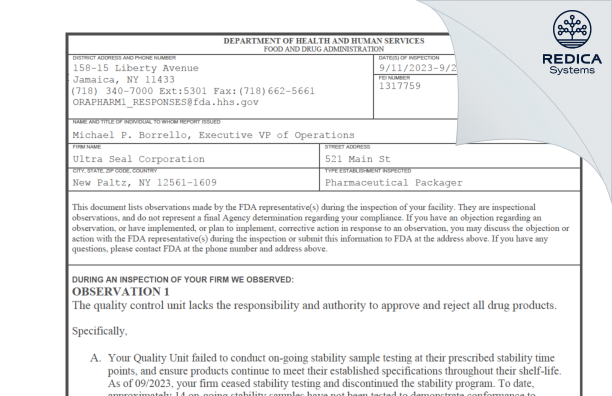 FDA 483 - Ultra Seal Corporation [York / United States of America] - Download PDF - Redica Systems