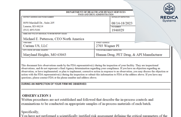 FDA 483 - Curium US LLC [Maryland Heights / United States of America] - Download PDF - Redica Systems