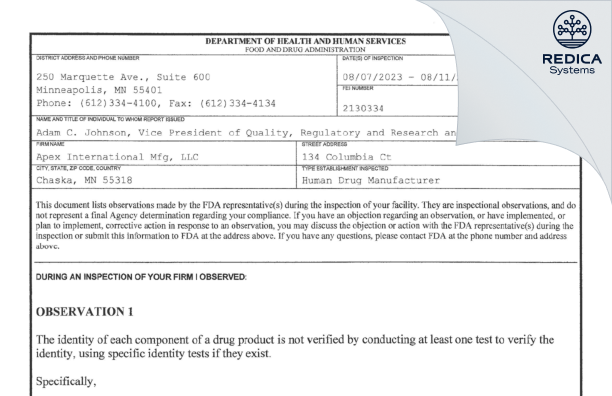 FDA 483 - Apex International Mfg LLC [Chaska / United States of America] - Download PDF - Redica Systems