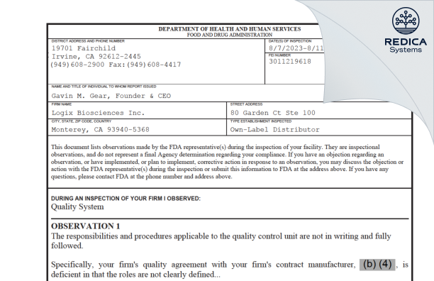 FDA 483 - Logix Biosciences Inc. [Monterey / United States of America] - Download PDF - Redica Systems