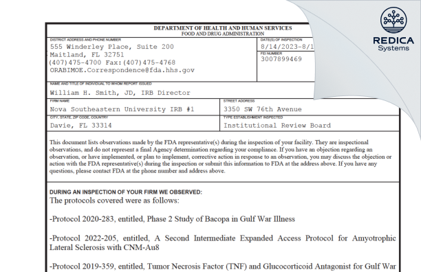FDA 483 - Nova Southeastern University IRB #1 [Davie / United States of America] - Download PDF - Redica Systems