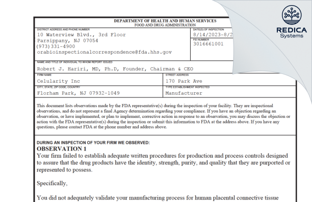 FDA 483 - Celularity Inc [Florham Park / United States of America] - Download PDF - Redica Systems