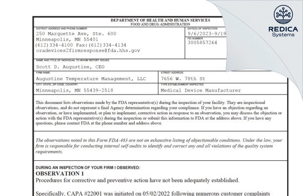 FDA 483 - Augustine Temperature Management, LLC [Minneapolis / United States of America] - Download PDF - Redica Systems