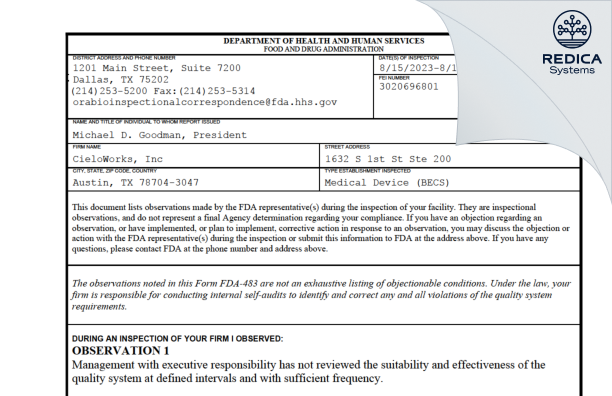 FDA 483 - CieloWorks, Inc [Austin / United States of America] - Download PDF - Redica Systems