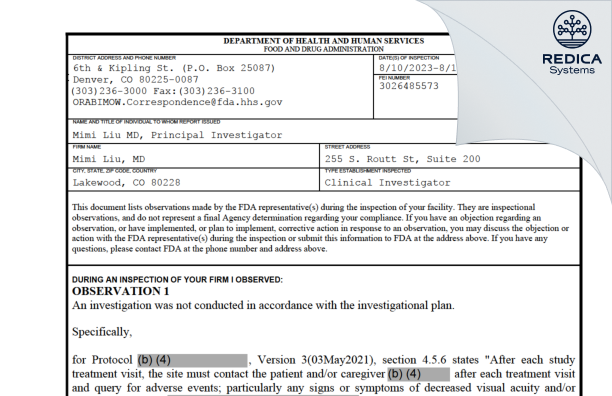 FDA 483 - Mimi Liu, MD [Lakewood / United States of America] - Download PDF - Redica Systems