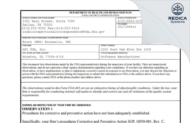 FDA 483 - GPI USA, Inc. [Houston / United States of America] - Download PDF - Redica Systems