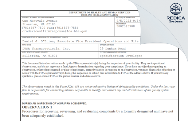FDA 483 - DUSA Pharmaceuticals, Inc. [Billerica / United States of America] - Download PDF - Redica Systems