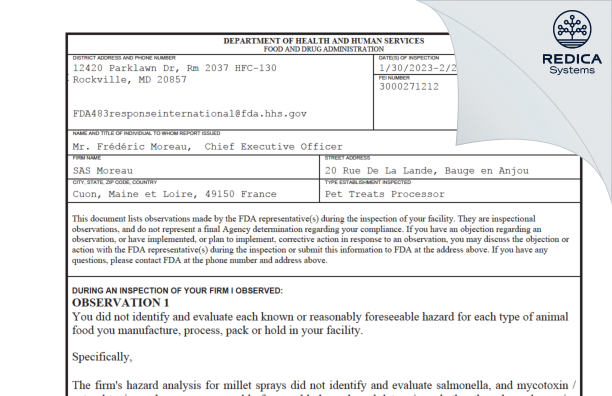 FDA 483 - SAS Moreau [Bauge-En-Anjou / France] - Download PDF - Redica Systems