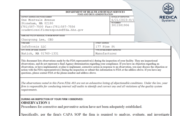 FDA 483 - InfuTronix LLC [Natick / United States of America] - Download PDF - Redica Systems