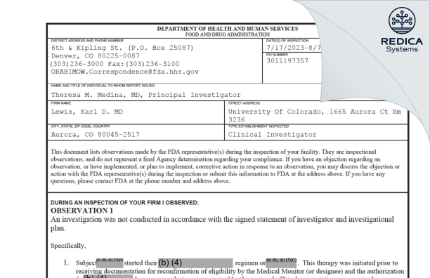 FDA 483 - Lewis, Karl D. MD [Aurora / United States of America] - Download PDF - Redica Systems