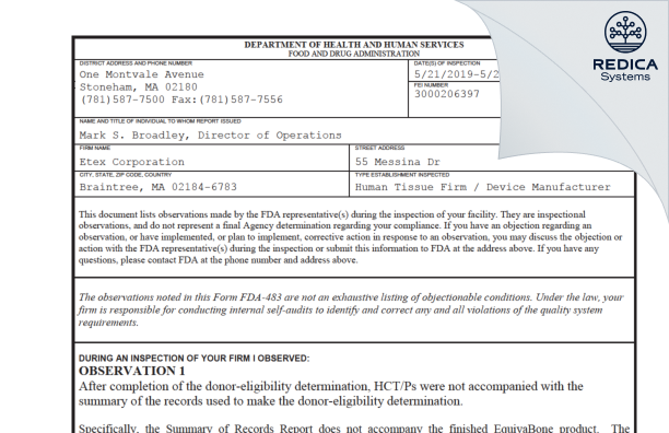 FDA 483 - Etex Corporation [Braintree / United States of America] - Download PDF - Redica Systems