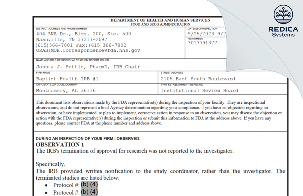 FDA 483 - Baptist Health IRB #1 [Montgomery / United States of America] - Download PDF - Redica Systems