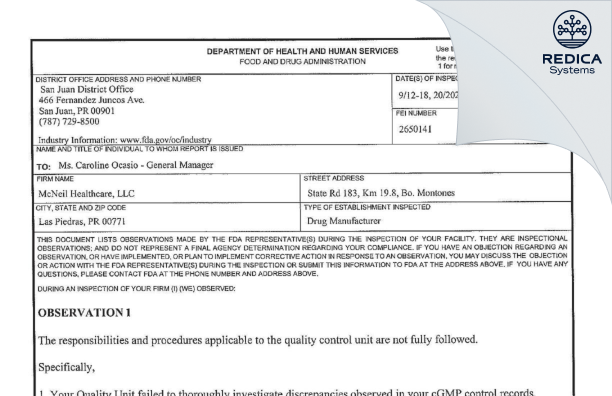 FDA 483 - McNeil Healthcare LLC. [Rico / United States of America] - Download PDF - Redica Systems
