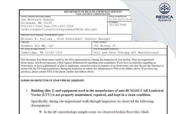 FDA 483 - Brammer Bio MA, LLC [Cambridge / United States of America] - Download PDF - Redica Systems
