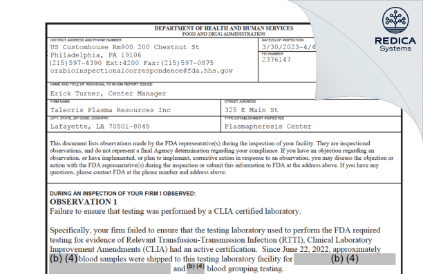 FDA 483 - Biomat USA Inc [Lafayette / United States of America] - Download PDF - Redica Systems