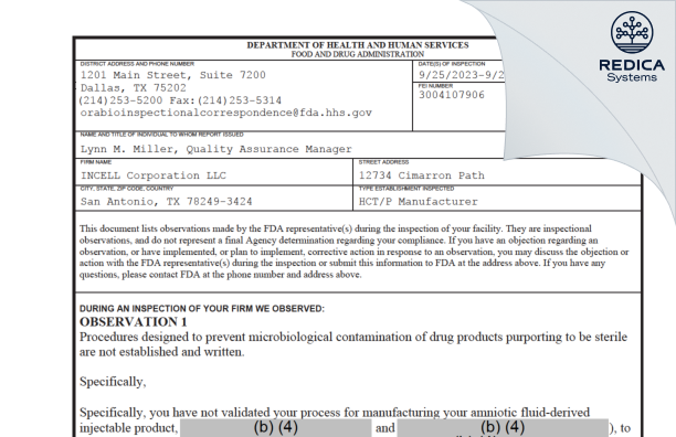 FDA 483 - INCELL Corporation LLC [San Antonio / United States of America] - Download PDF - Redica Systems