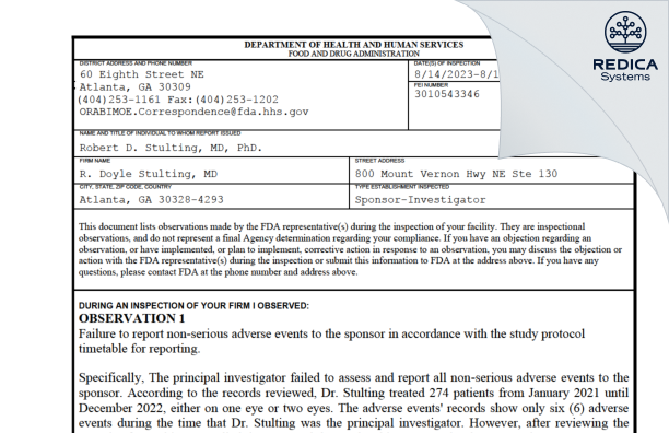 FDA 483 - R. Doyle Stulting, MD [Atlanta / United States of America] - Download PDF - Redica Systems