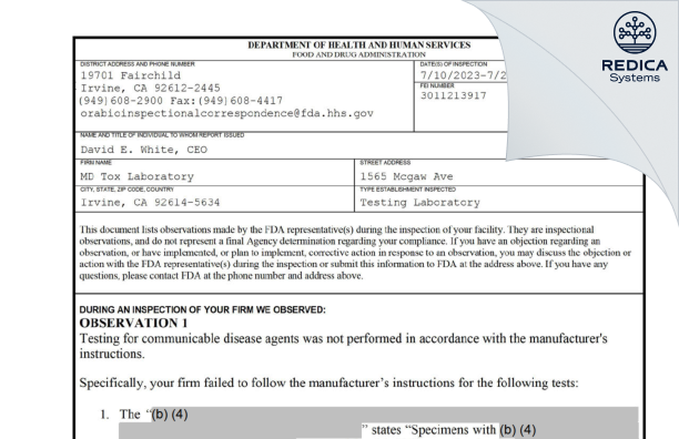 FDA 483 - MD Tox Laboratory [Irvine / United States of America] - Download PDF - Redica Systems