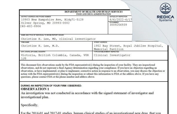 FDA 483 - Christine H. Lee, M.D. [Victoria / Canada] - Download PDF - Redica Systems