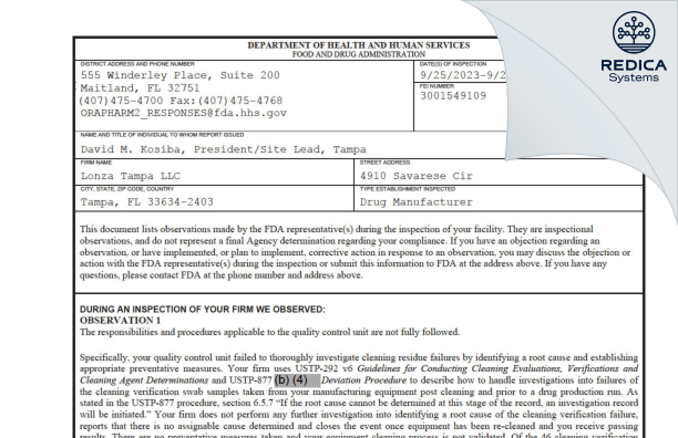 FDA 483 - Lonza Tampa LLC [Tampa / United States of America] - Download PDF - Redica Systems