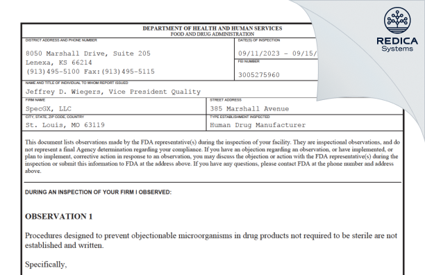 FDA 483 - SpecGx LLC [Webster Groves / United States of America] - Download PDF - Redica Systems