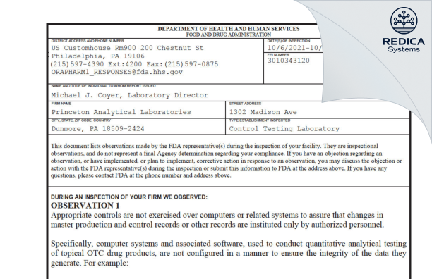 FDA 483 - Princeton Analytical Laboratories [Dunmore Pennsylvania / United States of America] - Download PDF - Redica Systems