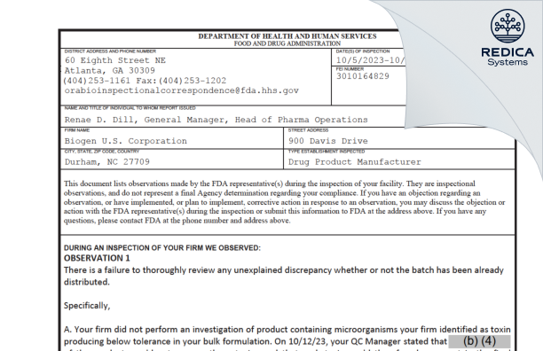 FDA 483 - Biogen U.S. Corporation [Research Triangle Park / United States of America] - Download PDF - Redica Systems