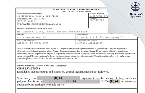 FDA 483 - Curia New Jersey, LLC [Lebanon / United States of America] - Download PDF - Redica Systems