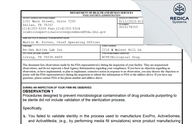 FDA 483 - Re-Gen Active Lab Inc [Irving / United States of America] - Download PDF - Redica Systems