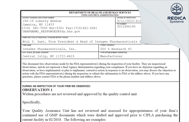 FDA 483 - InvaGen Pharmaceuticals, Inc [Central Islip New York / United States of America] - Download PDF - Redica Systems
