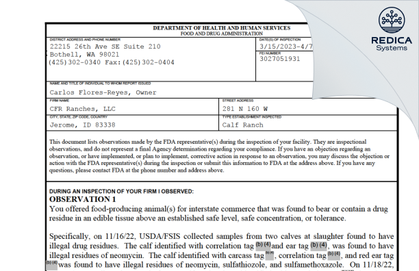 FDA 483 - CFR Ranches, LLC [Jerome / United States of America] - Download PDF - Redica Systems