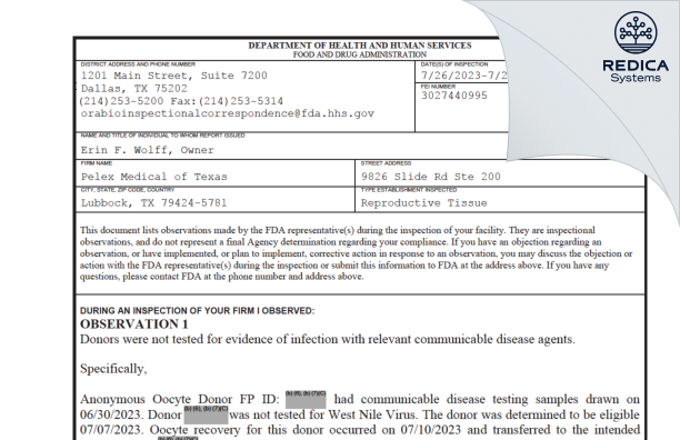 FDA 483 - Pelex Medical of Texas [Lubbock / United States of America] - Download PDF - Redica Systems