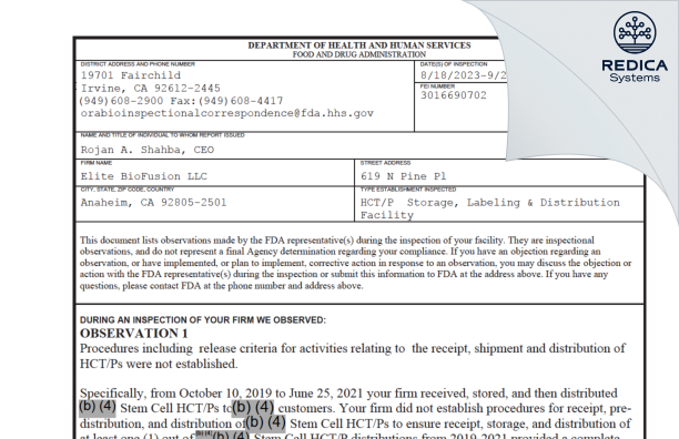 FDA 483 - Elite BioFusion LLC [Anaheim / United States of America] - Download PDF - Redica Systems