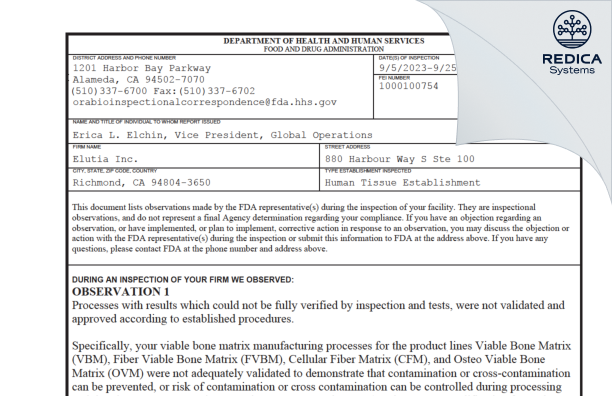 FDA 483 - Elutia Inc. [Richmond / United States of America] - Download PDF - Redica Systems